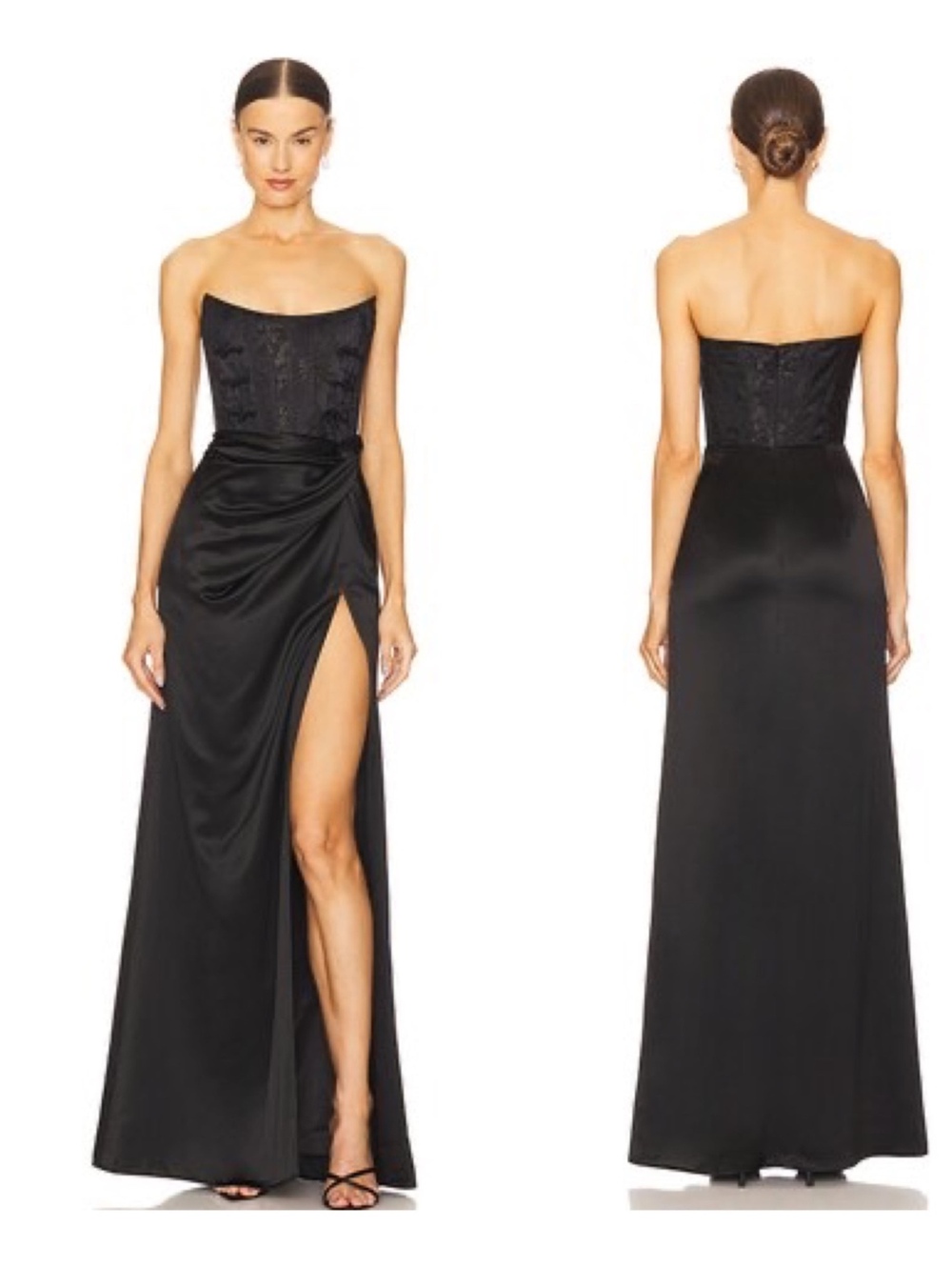 Sau Lee Julia Black Satin Gown with Jacqard Bodice NWT
